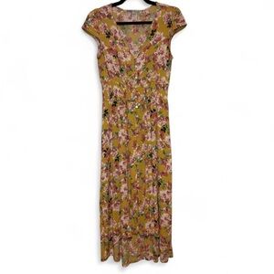 Gypsies & Moondust Mustard Floral Maxi Dress with Pink Blooms